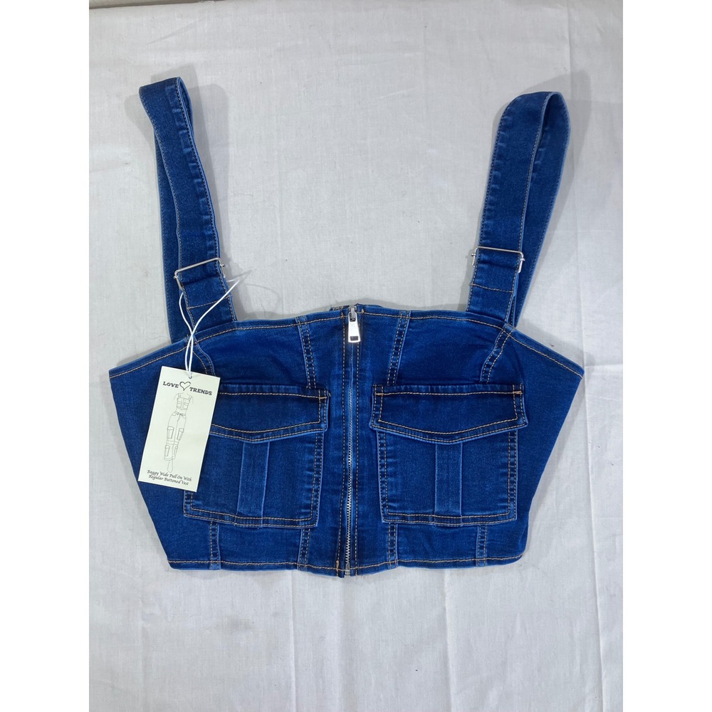 Love Trends Mens Blue‎ Denim Cargo Vest Zip Up Corset Top Adjustable Straps M